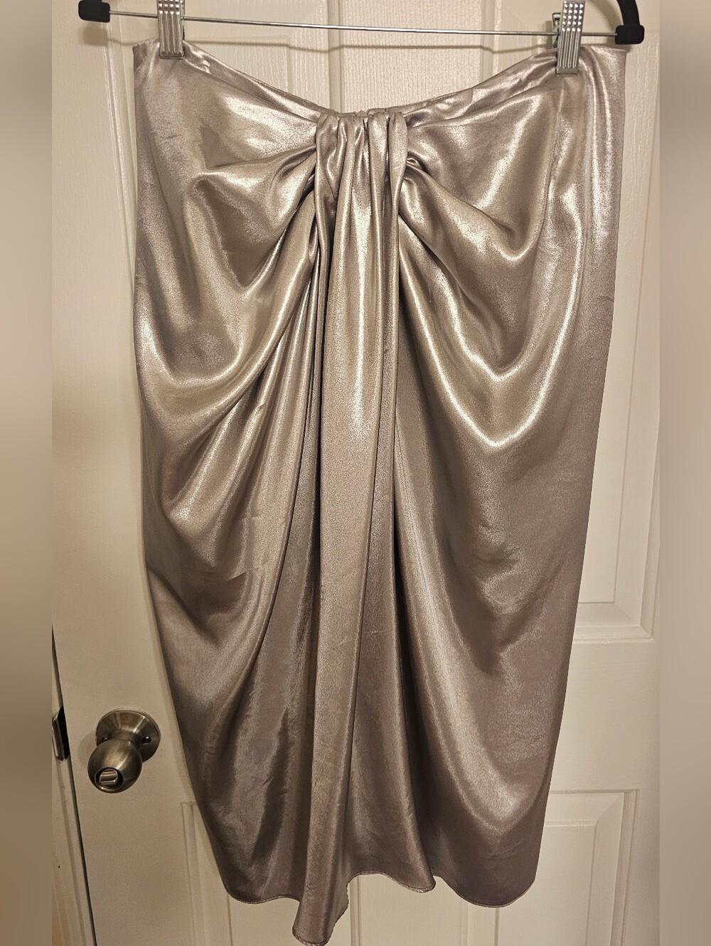 ZARA Woman Metallic Silver Drape Front Midi Skirt Size XL - Picture 5 of 7